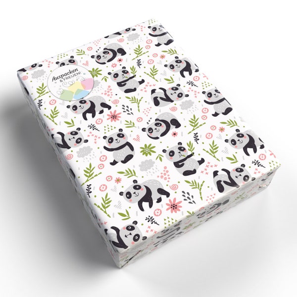 Geschenkpapier für Kinder "Panda" für kleine Geschenke für Weihnachten Geburtstag  (5 Bögen + 5 Aufkleber + 18 Verschlusspunkte)