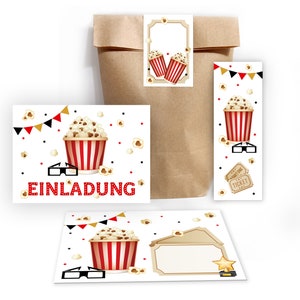Einladungskarten zum Kindergeburtstag incl. Tüten, Aufkleber und Mitgebsel (Lesezeichen oder Mini-Blöcke) für Mädchen Jungen Kino Cinema