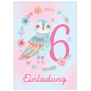 Einladungskarten zum 6. Kindergeburtstag Einladungen zum sechsten Geburtstag für Mädchen Eule