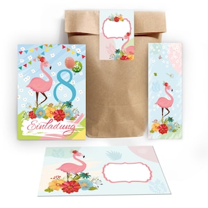Einladungskarten zum 8. Kindergeburtstag incl. Tüten, Aufkleber und Mitgebsel (Lesezeichen oder Mini-Blöcke) achte Geburtstag Flamingo