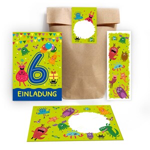 Einladungskarten zum 6. Kindergeburtstag incl. Tüten, Aufkleber und Mitgebsel (Lesezeichen oder Mini-Blöcke) sechste Geburtstag Monster