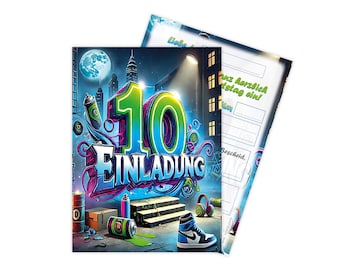 Einladungskarten zum 10. Kindergeburtstag Einladung zum zehnten Geburtstag Party für Teenager Jungen Mädchen Kinder Mitgebsel-Set Graffiti