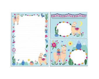 Ensemble de papeterie Lettres Bloc Enveloppes pour enfants Lama pour filles