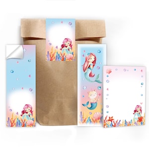 Mitgebsel-Set Tüten + Mini-Notizblöcke + Lesezeichen + Aufkleber kleine Gastgeschenke für Kindergeburtstag für Mädchen Meerjungfrau Katze