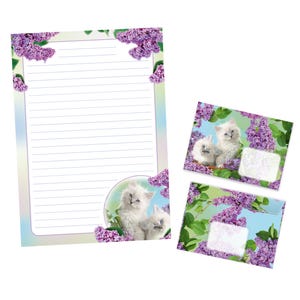 Briefpapier-Set A4 süße Katzen Briefblock Blöcke Umschläge für Kinder Mädchen Geschenk Idee Gastgeschenk zum Geburtstag Tiere Blumen lila