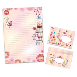 Briefpapier-Set A4 Vogel Briefblock Blöcke Umschläge für Mädchen Kinder Geschenk Idee Gastgeschenk zum Geburtstag süße Tiere Vögel rosa