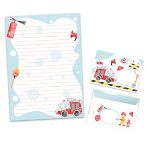 Briefpapier-Set A4 Feuerwehr Briefblock Blöcke Umschläge für Jungen Kinder Geschenk Idee Gastgeschenk zum Geburtstag Baustelle Feuerwehrmann