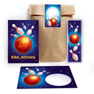 Einladungskarten zum 10. Kindergeburtstag incl. Tüten, Aufkleber und Mitgebsel (Lesezeichen oder Mini-Blöcke) zehnte Geburtstag Bowling