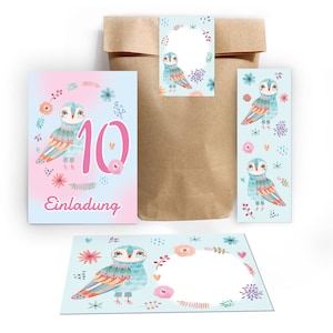 Einladungskarten zum 10. Kindergeburtstag incl. Tüten, Aufkleber und Mitgebsel (Lesezeichen oder Mini-Blöcke) zehnte Geburtstag Eule