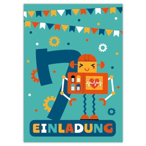 Einladungskarten zum 7. Kindergeburtstag Einladungen zum siebten Geburtstag für Jungen Roboter