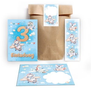 Einladungskarten zum 3. Kindergeburtstag incl. Tüten, Aufkleber und Mitgebsel (Lesezeichen oder Mini-Blöcke) dritte Geburtstag Tiere