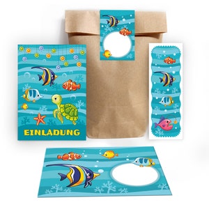 Einladungskarten zum Kindergeburtstag incl. Tüten, Aufkleber und Mitgebsel (Lesezeichen oder Mini-Blöcke) für Jungen Mädchen Fische