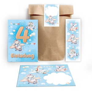 Einladungskarten zum 4. Kindergeburtstag incl. Tüten, Aufkleber und Mitgebsel (Lesezeichen oder Mini-Blöcke) vierte Geburtstag Tiere