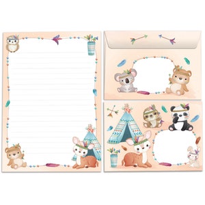 Briefpapier-Set Briefblock Blöcke Umschläge für Kinder Reh Bär Panda für Mädchen Jungen Jungs A5