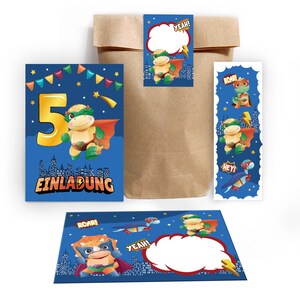 Einladungskarten zum 5. Kindergeburtstag incl. Tüten, Aufkleber und Mitgebsel (Lesezeichen oder Mini-Blöcke) fünfte Geburtstag Superhelden