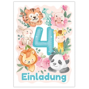Einladungskarten zum 4. Kindergeburtstag Einladungen zum vierten Geburtstag für Mädchen Jungen Tiere