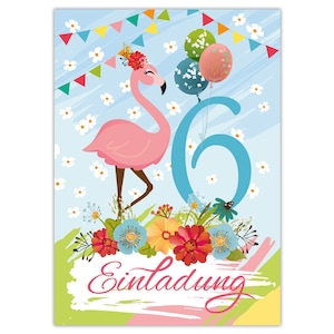 Einladungskarten zum 6. Kindergeburtstag Einladungen zum sechsten Geburtstag für Mädchen Tiere Flamingo