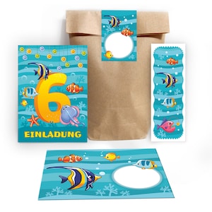 Einladungskarten zum 6. Kindergeburtstag incl. Tüten, Aufkleber und Mitgebsel (Lesezeichen oder Mini-Blöcke) sechste Geburtstag Fisch