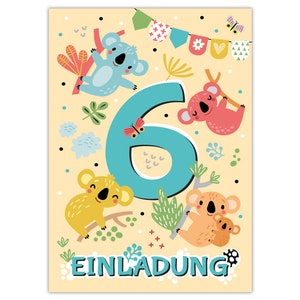 Einladungskarten zum 6. Kindergeburtstag Einladungen zum sechsten Geburtstag für Mädchen und Jungen Tiere Koala