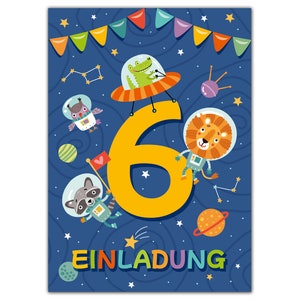 Einladungskarten zum 6. Kindergeburtstag Einladungen zum sechsten Geburtstag für Jungen und Mädchen Tiere im Weltraum