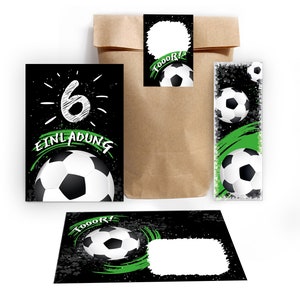 Einladungskarten zum 6. Kindergeburtstag incl. Tüten, Aufkleber und Mitgebsel (Lesezeichen oder Mini-Blöcke) sechste Geburtstag Fussball