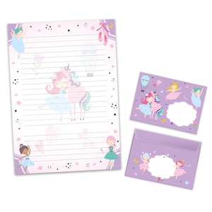 Juego de papelería A4 con bloques de letras de bailarina, sobres para niños y niñas, idea de regalo, recuerdo de fiesta de cumpleaños, caballo, unicornio, color morado