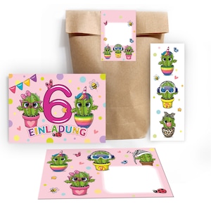 Einladungskarten zum 6. Kindergeburtstag incl. Tüten, Aufkleber und Mitgebsel (Lesezeichen oder Mini-Blöcke) sechste Geburtstag Kaktus
