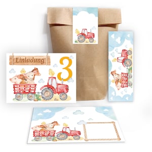 Einladungskarten zum 3. Kindergeburtstag incl. Tüten, Aufkleber und Mitgebsel (Lesezeichen oder Mini-Blöcke) dritte Geburtstag Bauernhof