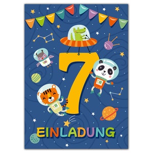 Einladungskarten zum 7. Kindergeburtstag Einladungen zum siebten Geburtstag für Jungen und Mädchen Tiere im Weltraum