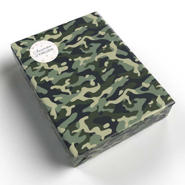 Geschenkpapier für Männer Camouflage Camo design für kleine Geschenke Geburtstag Weihnachten  (5 Bögen + 5 Aufkleber + 18 Verschlusspunkte)