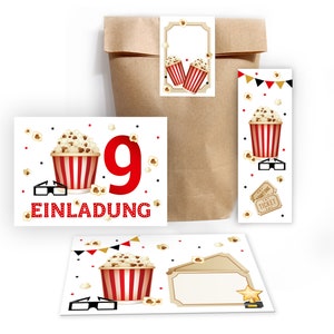 Einladungskarten zum 9. Kindergeburtstag incl. Tüten, Aufkleber und Mitgebsel (Lesezeichen oder Mini-Blöcke) neunte Geburtstag Kino Cinema