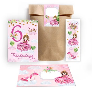 Einladungskarten zum 6. Kindergeburtstag incl. Tüten, Aufkleber und Mitgebsel (Lesezeichen oder Mini-Blöcke) sechste Geburtstag Prinzessin