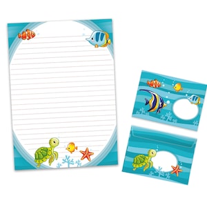 Briefpapier-Set A4 Fische Briefblock Blöcke Umschläge für Mädchen Jungen Kinder Geschenk Idee Gastgeschenk zum Geburtstag Meer blau