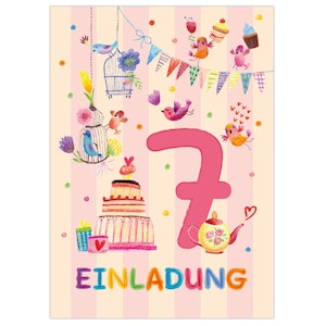 Einladungskarten zum 7. Kindergeburtstag Einladungen zum siebten Geburtstag für Mädchen Vögelchen
