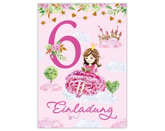 Einladungskarten zum 6. Kindergeburtstag Einladungen zum sechsten Geburtstag für Mädchen Prinzessin