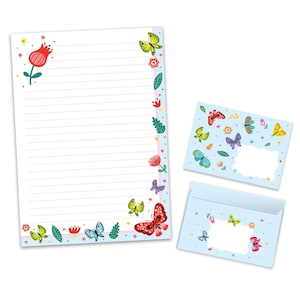 Set cancelleria formato A4 farfalle blocco lettere buste per bambini bimba idea regalo regalo compleanno fiori rosa azzurro