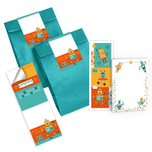 Mitgebsel-Set Tüten + Mini-Notizblöcke + Lesezeichen + Aufkleber kleine Gastgeschenke für Kindergeburtstag für Jungen Mädchen Roboter