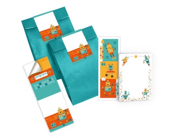 Party Favor Set Bags + Mini Notepads + Bookmarks + Stickers Small Party Favors for Children's Birthday for Boys Girls Robot