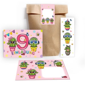 Einladungskarten zum 9. Kindergeburtstag incl. Tüten, Aufkleber und Mitgebsel (Lesezeichen oder Mini-Blöcke) neunte Geburtstag Kaktus