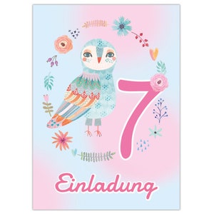 Einladungskarten zum 7. Kindergeburtstag Einladungen zum siebten Geburtstag für Mädchen Eule