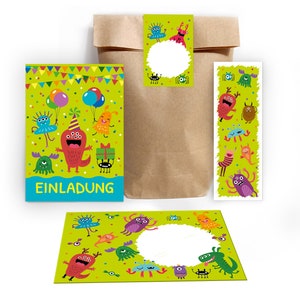 Einladungskarten zum Kindergeburtstag incl. Tüten, Aufkleber und Mitgebsel (Lesezeichen oder Mini-Blöcke) für Jungen Mädchen Monster