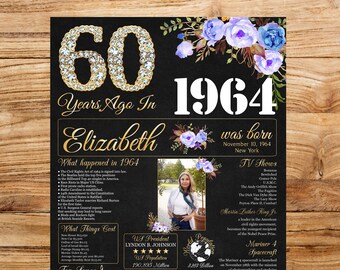Cartel número 60 con foto, cartel número 60, cartel de cumpleaños 60, foto de cumpleaños 60, decoración de cumpleaños 60, regalos 60 para mujeres, Allá por 1964