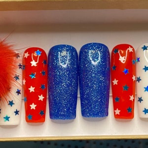 Memorial Day Nails/4TH Of July Nails - Red, white, blue nails with colored stars W/ opt pom poms - handmade press on nails - FAST SHIPPING!