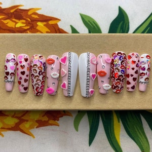 Valentines Day pink and white nails with hearts  sequins and lip sequins- full set of 10 handmade customized press on nails - FAST SHIPPING!