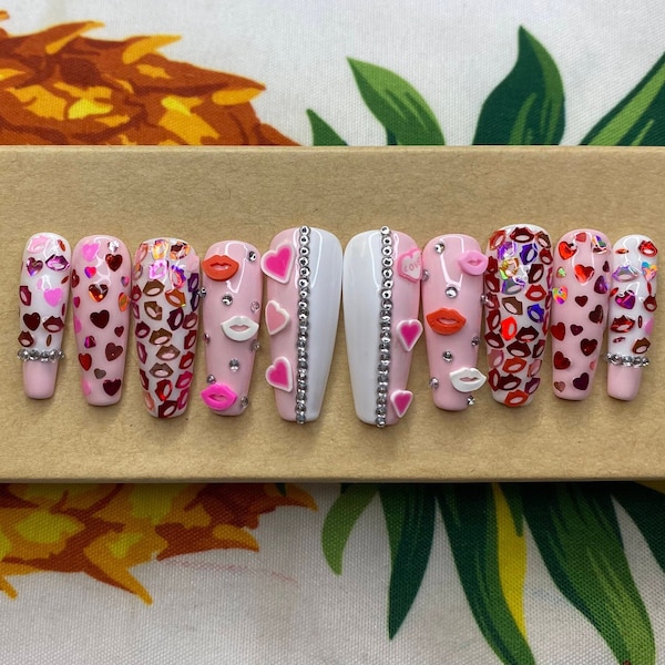 Valentines Day pink and white nails with hearts  sequins and lip sequins- full set of 10 handmade customized press on nails - FAST SHIPPING!