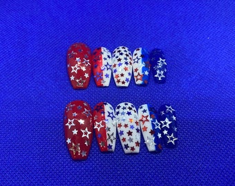 Memorial Day / 4TH of July Nails - Red, White and Blue with sequins - Fun customized handmade press on holiday nails - FAST SHIPPING!