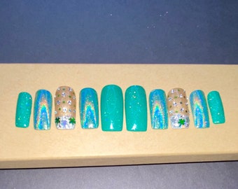 St pattys day nails - green and gold with rhinestones, 4 leaf clover sequins, holographic nails - handmade customized press on nails