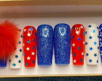 Memorial Day Nails/4TH Of July Nails - Red, white, blue nails with colored stars W/ opt pom poms - handmade press on nails - FAST SHIPPING!