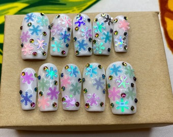 Winter christmas white snowflake with colored snowflakes and rhinestones- full set of 10  handmade customized press on nails - FAST SHIPPING