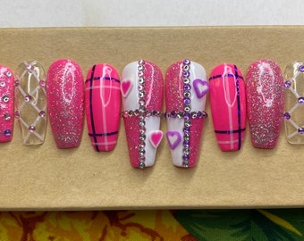 Valentines day hot pink and white nails - purple and pink themed - rhinestones and hearts decor - FAST SHIPPING!